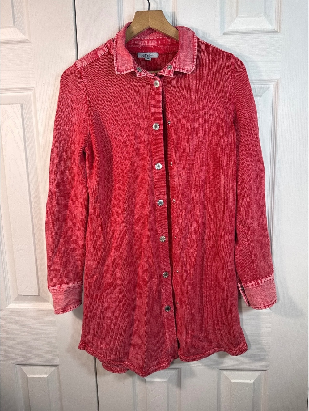 PBJ Blues Red Button-Up Knit and Denim Blend Jacket Small